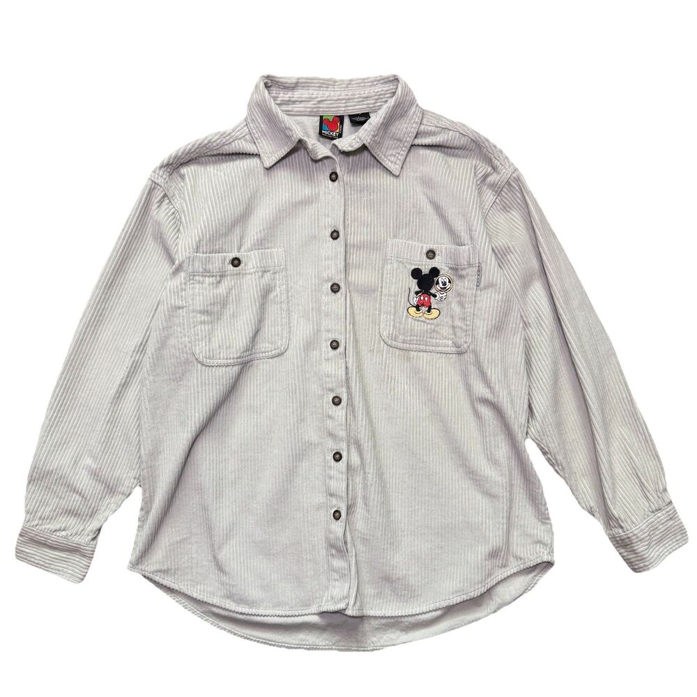 Vintage 90s Mickey Mouse Unlimited Disney Corduroy Button Up Shirt Size L Cream